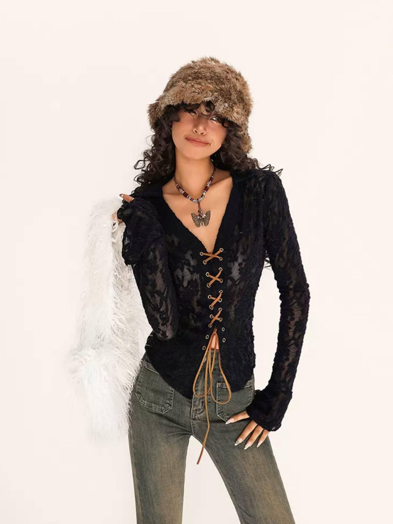 Nico Molly Breathable Stretch Vintage Embroidered Lace Tie V-neck Fitted Women Blouses