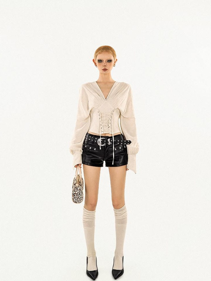 Nico Molly Breathable Tie Front V-neck Slim Punk Street Style Long Sleeve Women Blouses