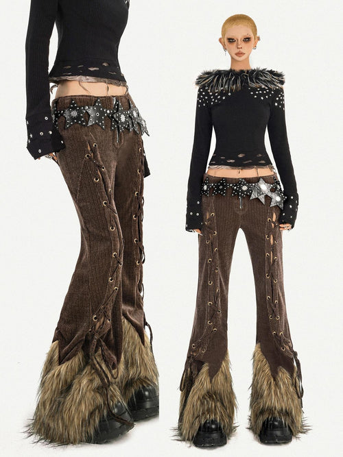 Nico Molly Breathable Vintage High Waist Zipper Flared Womens Brown Straight Pants
