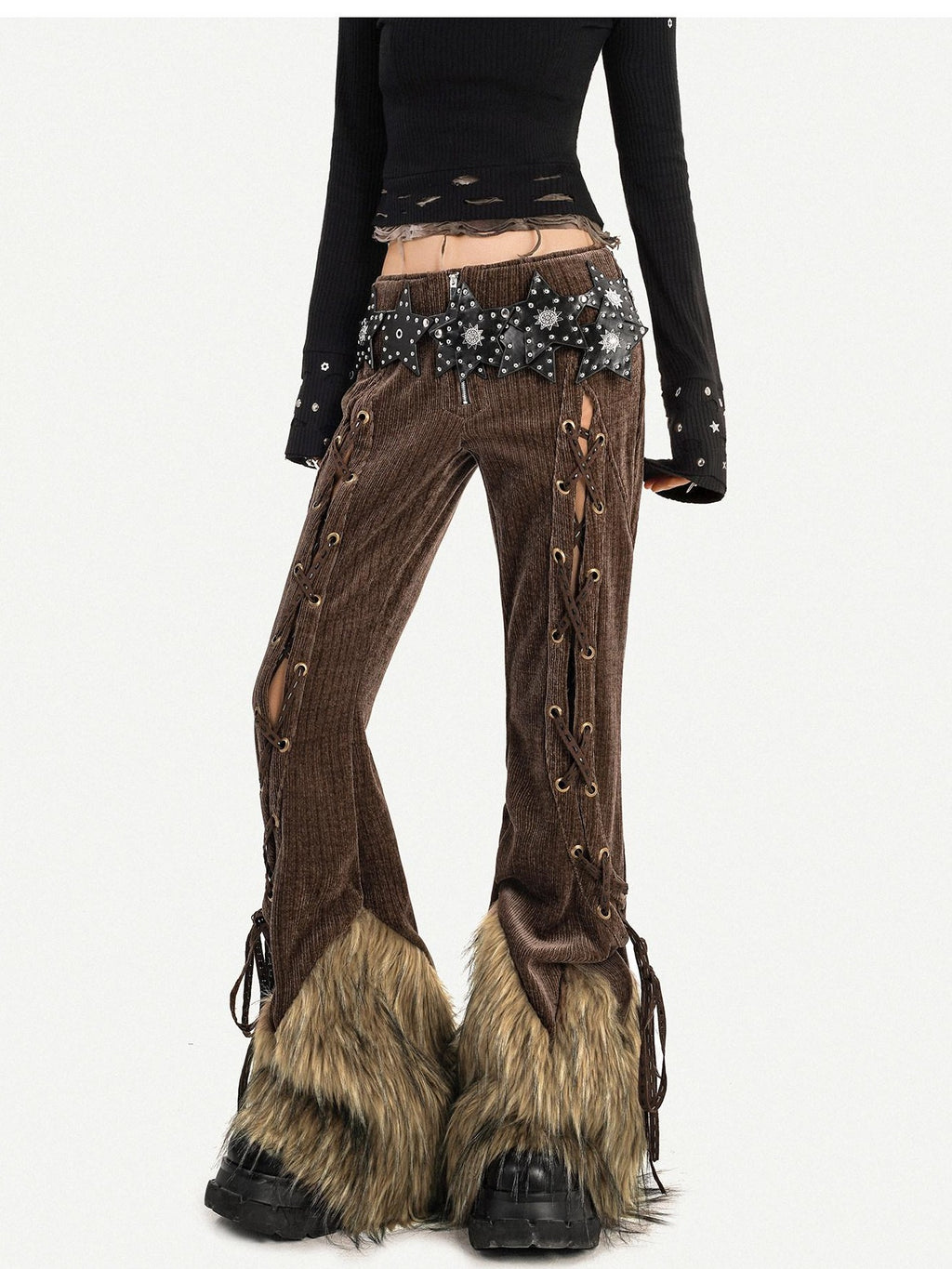 Nico Molly Breathable Vintage High Waist Zipper Flared Womens Brown Straight Pants