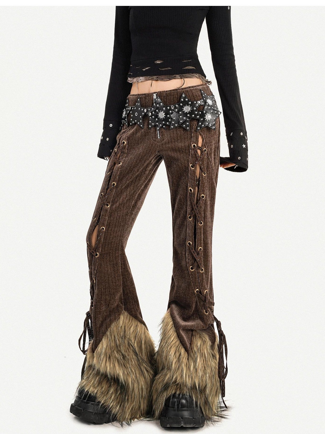 Nico Molly Breathable Vintage High Waist Zipper Flared Womens Brown Straight Pants