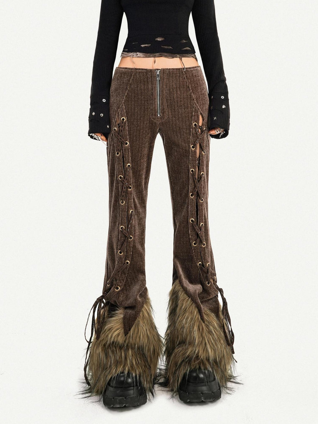 Nico Molly Breathable Vintage High Waist Zipper Flared Womens Brown Straight Pants