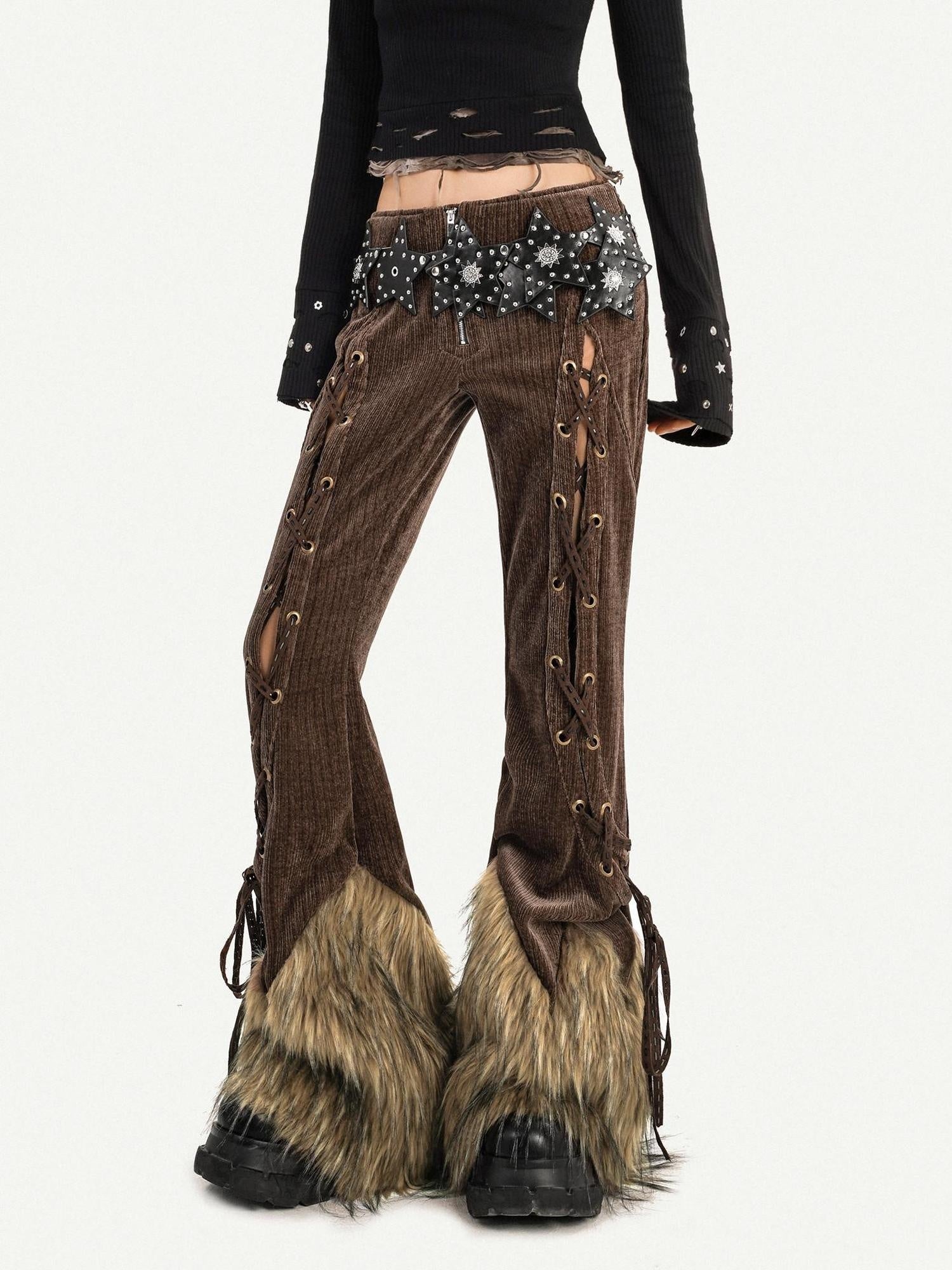 Nico Molly Breathable Vintage High Waist Zipper Flared Womens Brown Straight Pants