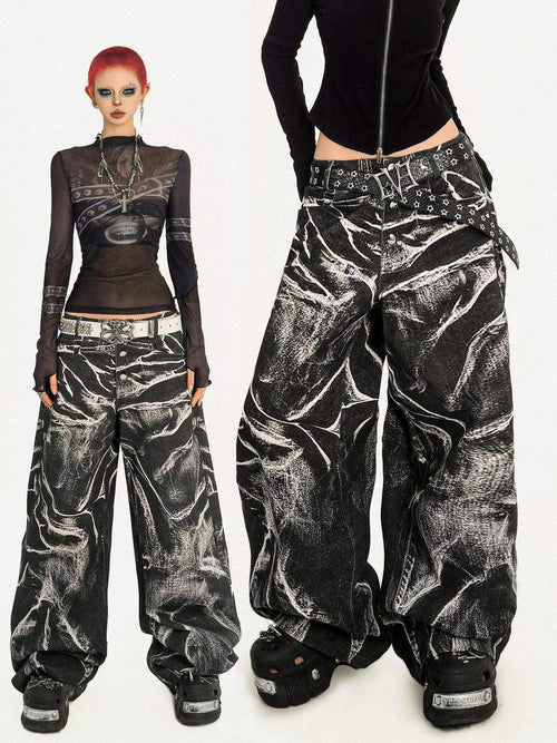 Nico Molly Breathable Washed Black Dark Aesthetic Pleated Natural Waist Denim Wide Leg Jeans