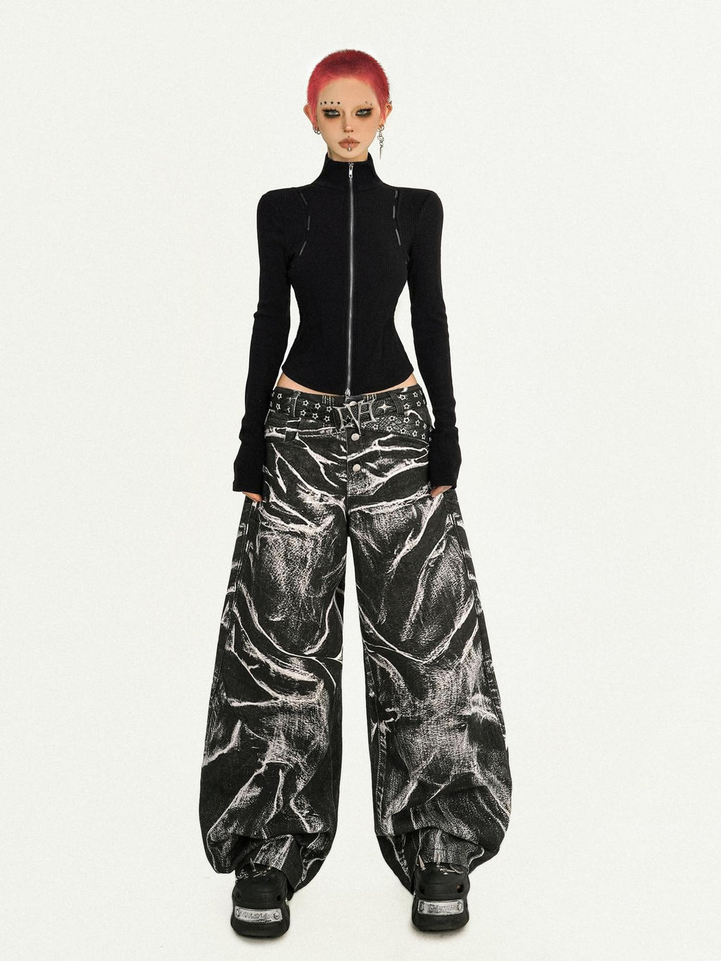 Nico Molly Breathable Washed Black Dark Aesthetic Pleated Natural Waist Denim Wide Leg Jeans