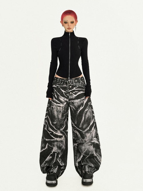 Nico Molly Breathable Washed Black Dark Aesthetic Pleated Natural Waist Denim Wide Leg Jeans