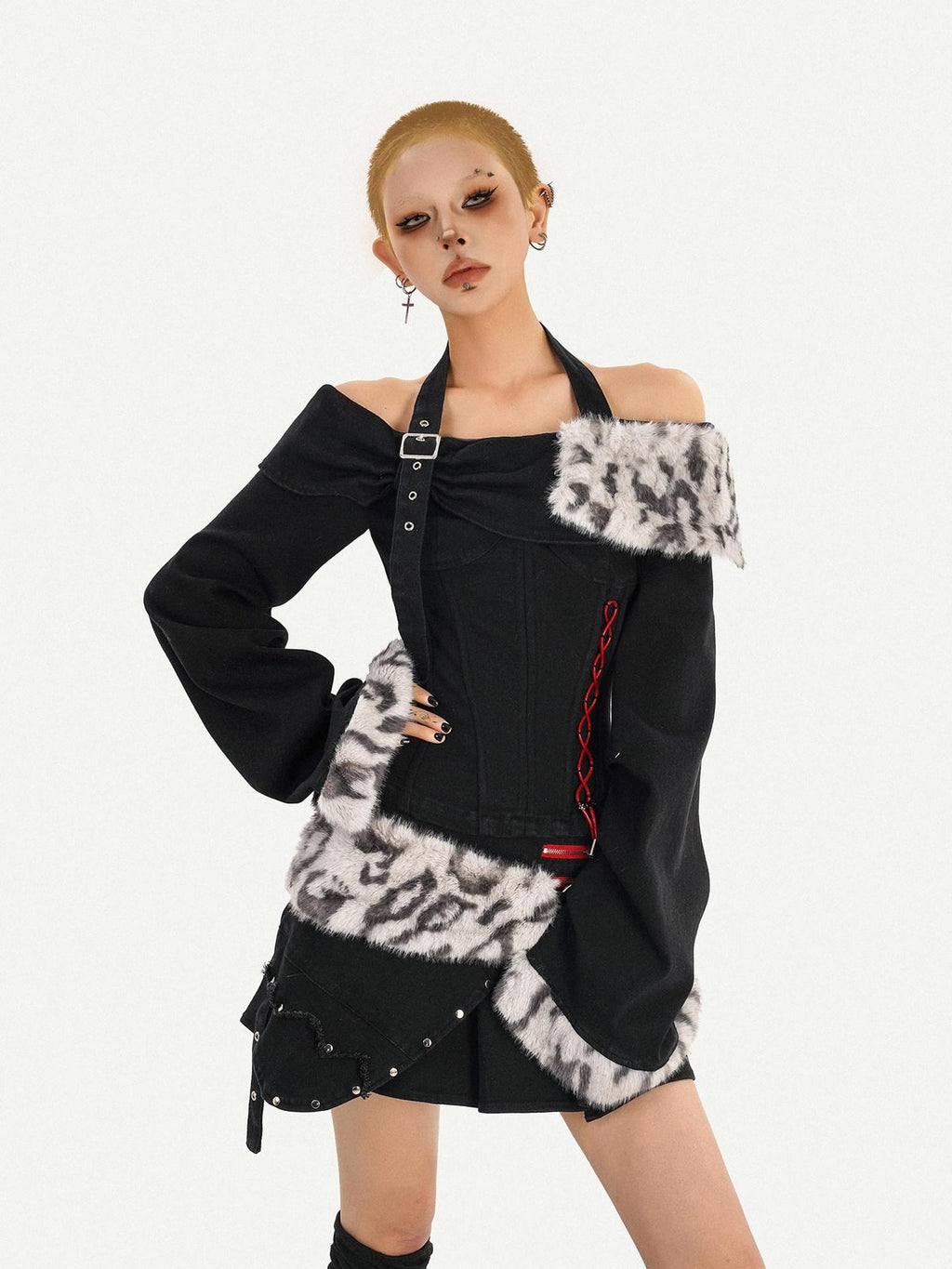 Nico Molly Cashmere Animal Print Patchwork Cropped Bardot Gothic Low Waist Top & Skirt Sets
