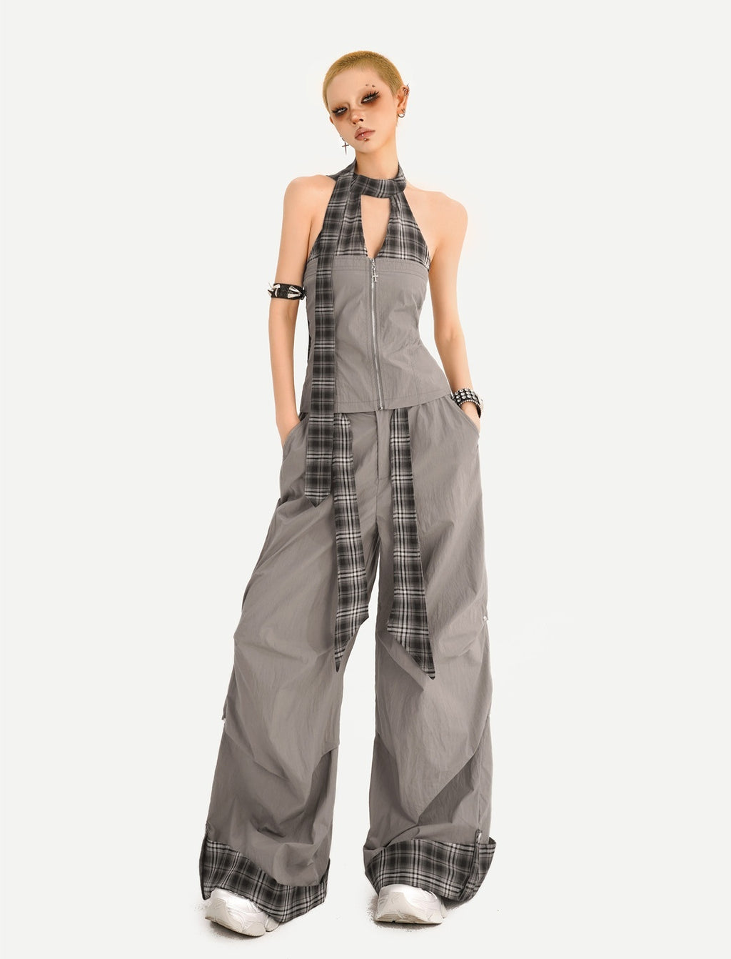 Nico_Molly_Chic_Tie_Waist_Check_Slim_V-neck_Sleeveless_Long_Pants_Gray_Top_&_Pants_Sets_MISSTT