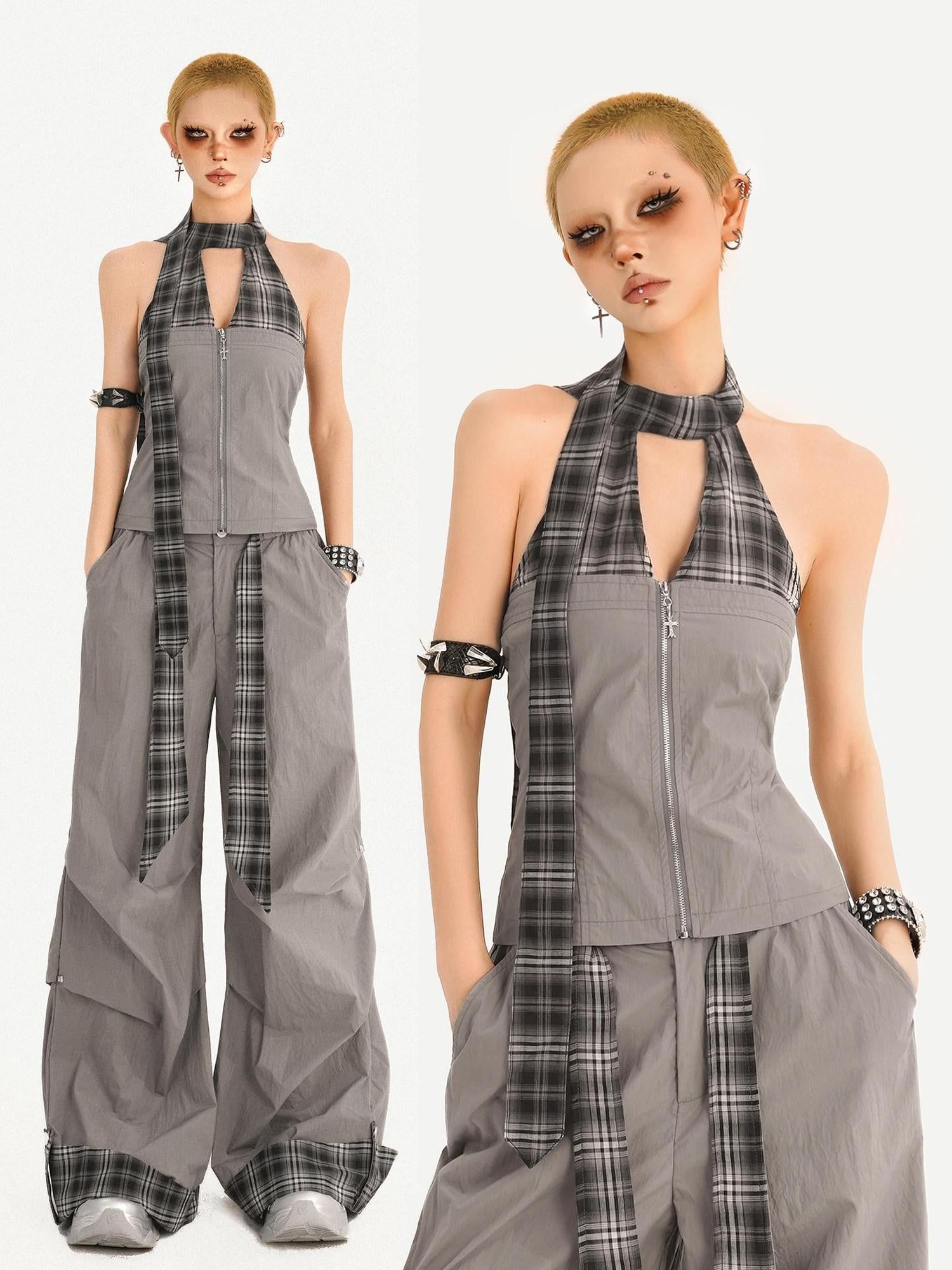 Nico Molly Chic Tie Waist Check Slim V-neck Sleeveless Long Pants Gray Top & Pants Sets