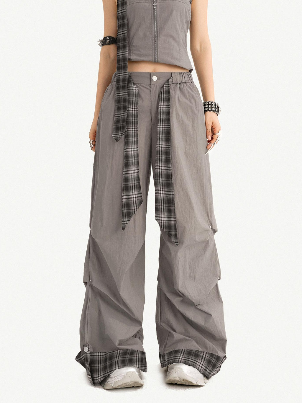 Nico Molly Chic Tie Waist Check Slim V-neck Sleeveless Long Pants Gray Top & Pants Sets