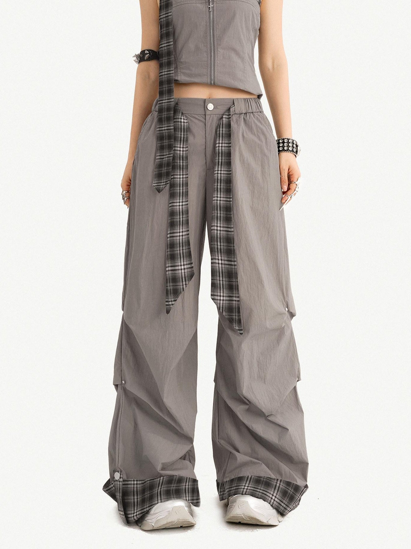 Nico Molly Chic Tie Waist Check Slim V-neck Sleeveless Long Pants Gray Top & Pants Sets