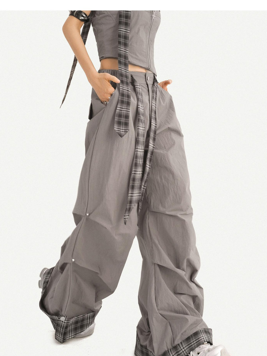 Nico Molly Chic Tie Waist Check Slim V-neck Sleeveless Long Pants Gray Top & Pants Sets