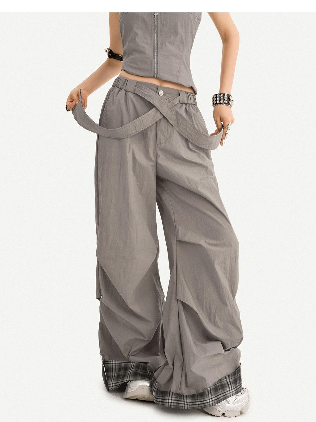 Nico Molly Chic Tie Waist Check Slim V-neck Sleeveless Long Pants Gray Top & Pants Sets