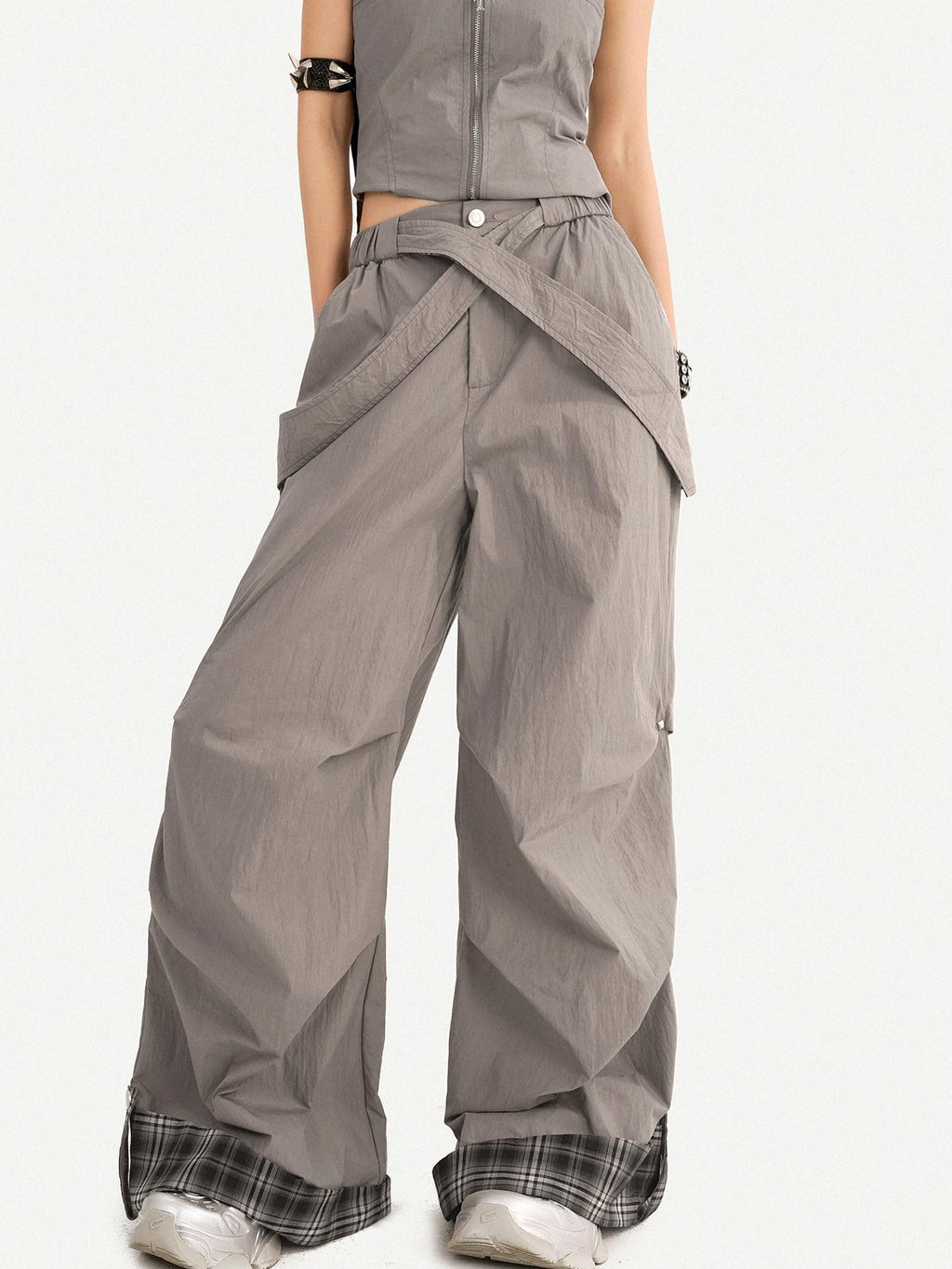 Nico Molly Chic Tie Waist Check Slim V-neck Sleeveless Long Pants Gray Top & Pants Sets