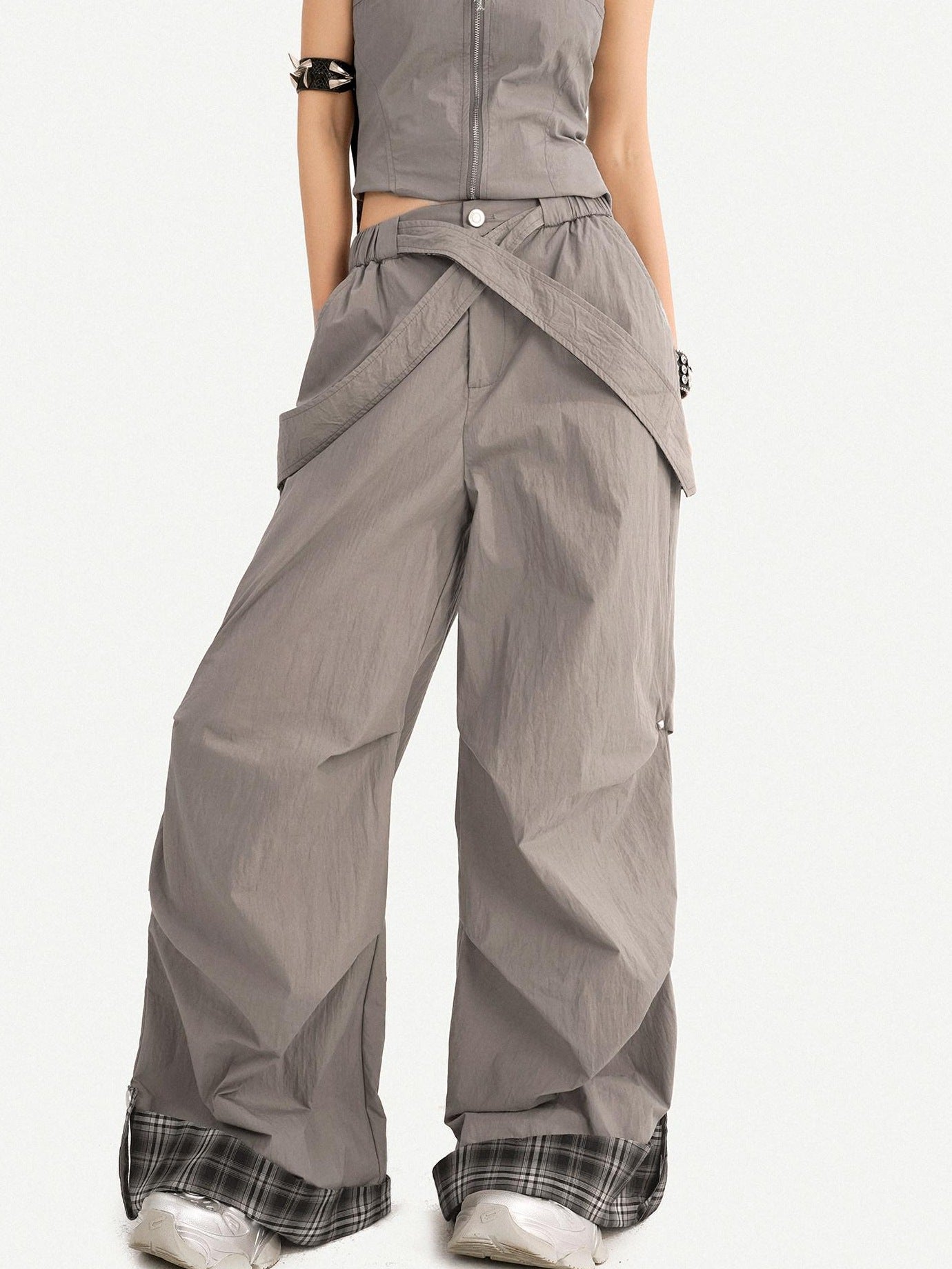 Nico Molly Chic Tie Waist Check Slim V-neck Sleeveless Long Pants Gray Top & Pants Sets
