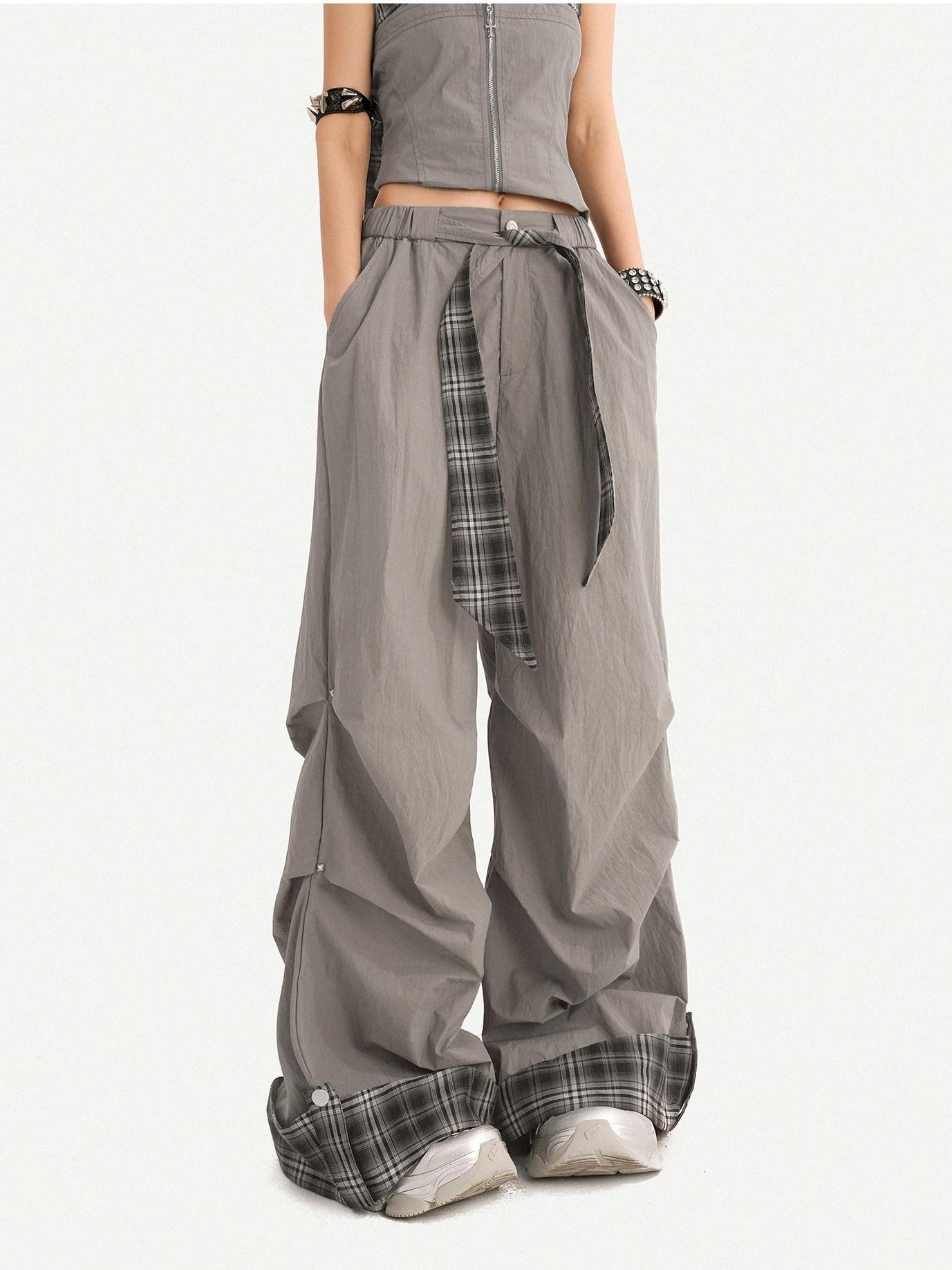 Nico Molly Chic Tie Waist Check Slim V-neck Sleeveless Long Pants Gray Top & Pants Sets