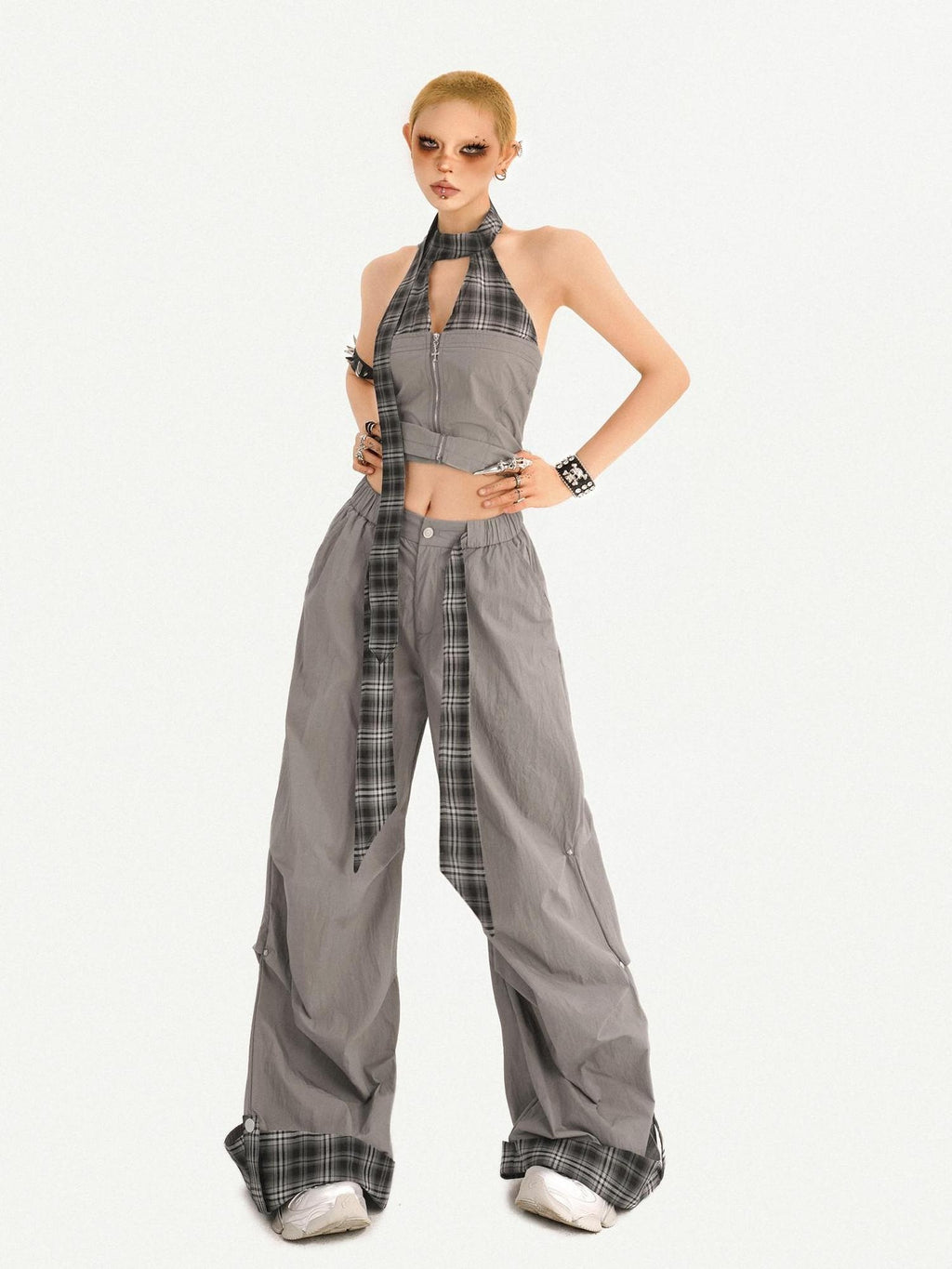 Nico Molly Chic Tie Waist Check Slim V-neck Sleeveless Long Pants Gray Top & Pants Sets