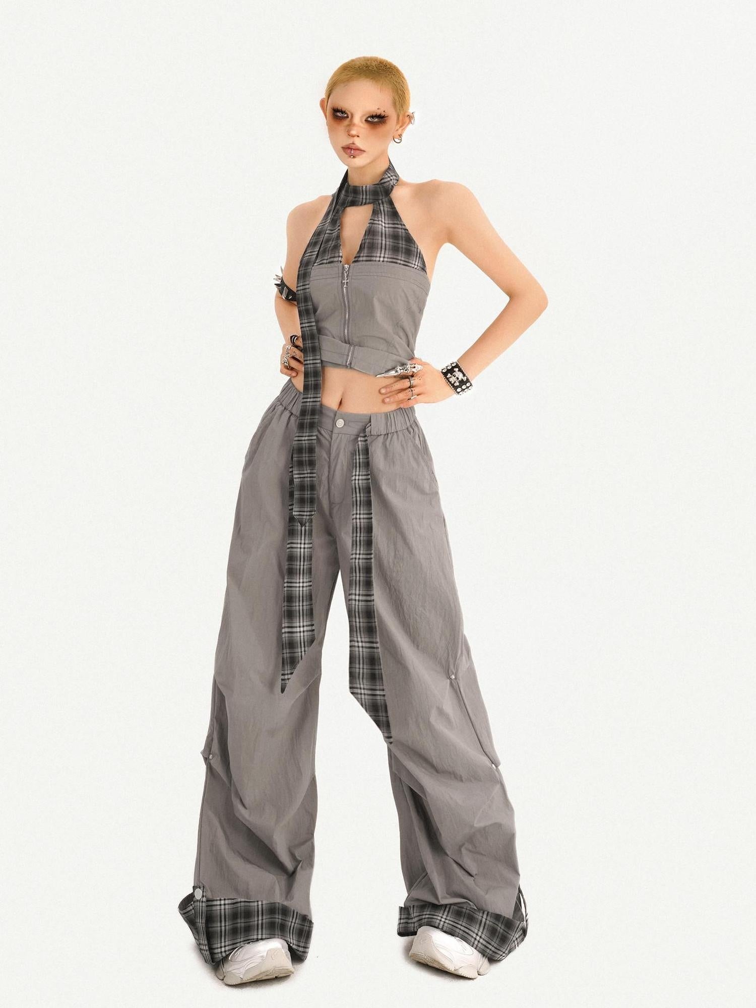 Nico Molly Chic Tie Waist Check Slim V-neck Sleeveless Long Pants Gray Top & Pants Sets