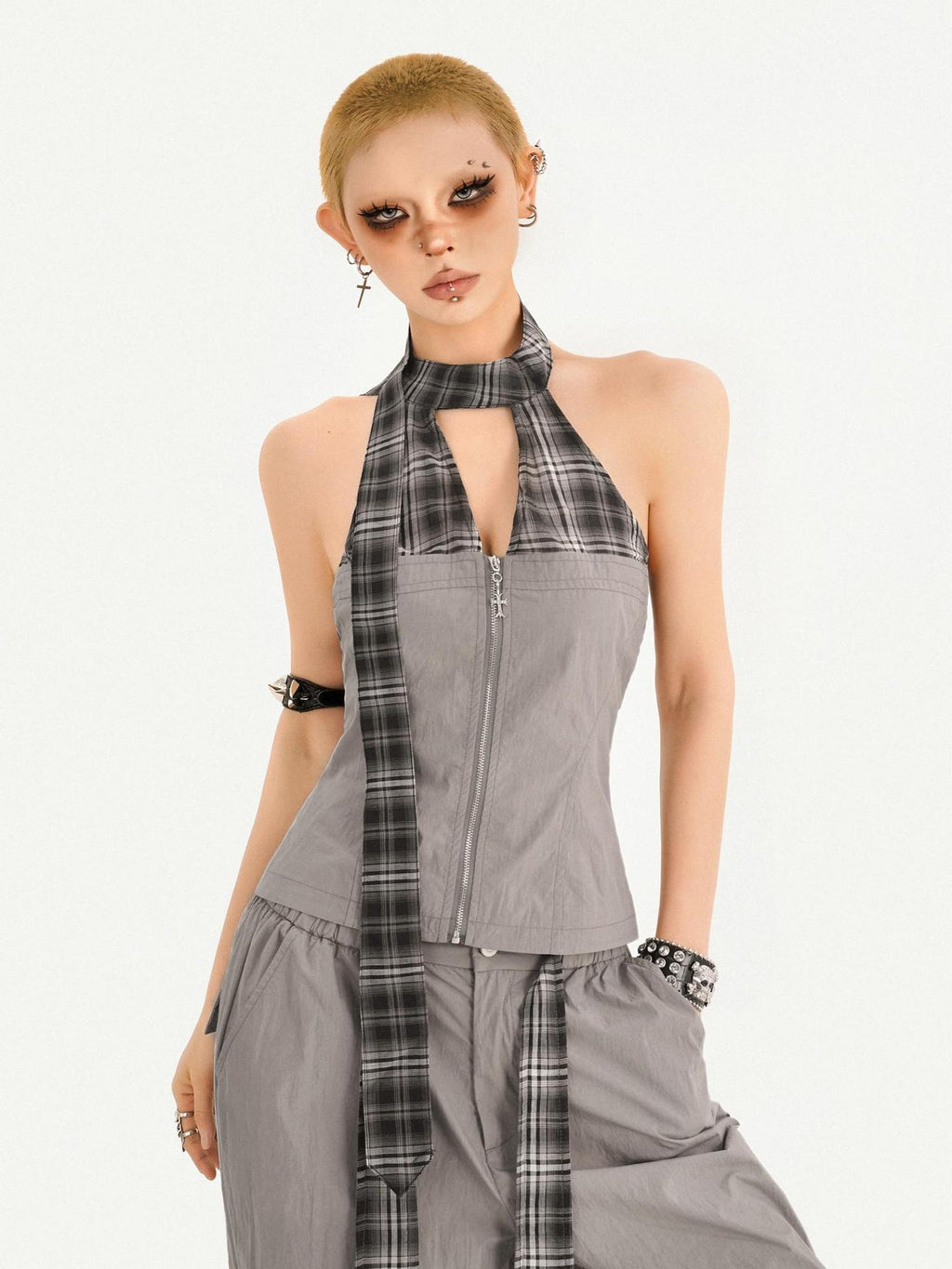 Nico Molly Chic Tie Waist Check Slim V-neck Sleeveless Long Pants Gray Top & Pants Sets