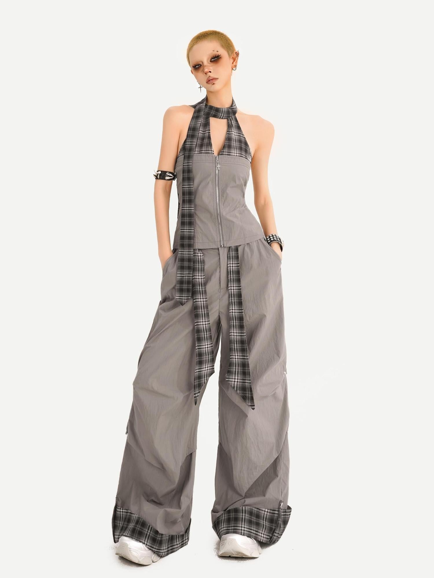 Nico Molly Chic Tie Waist Check Slim V-neck Sleeveless Long Pants Gray Top & Pants Sets