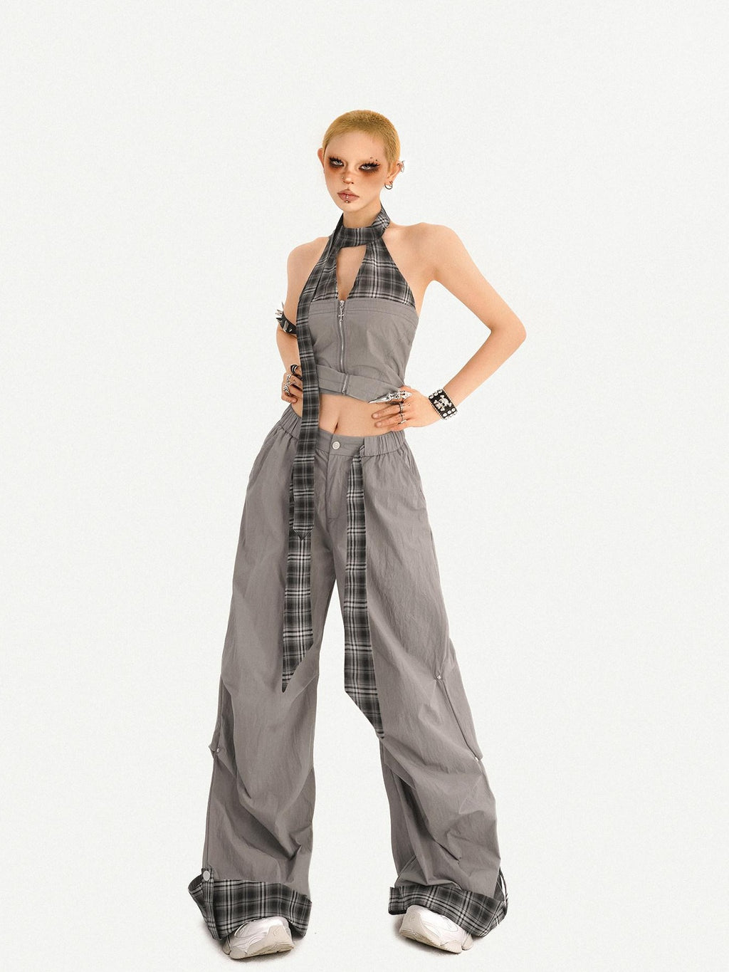 Nico Molly Chic Tie Waist Check Slim V-neck Sleeveless Long Pants Gray Top & Pants Sets