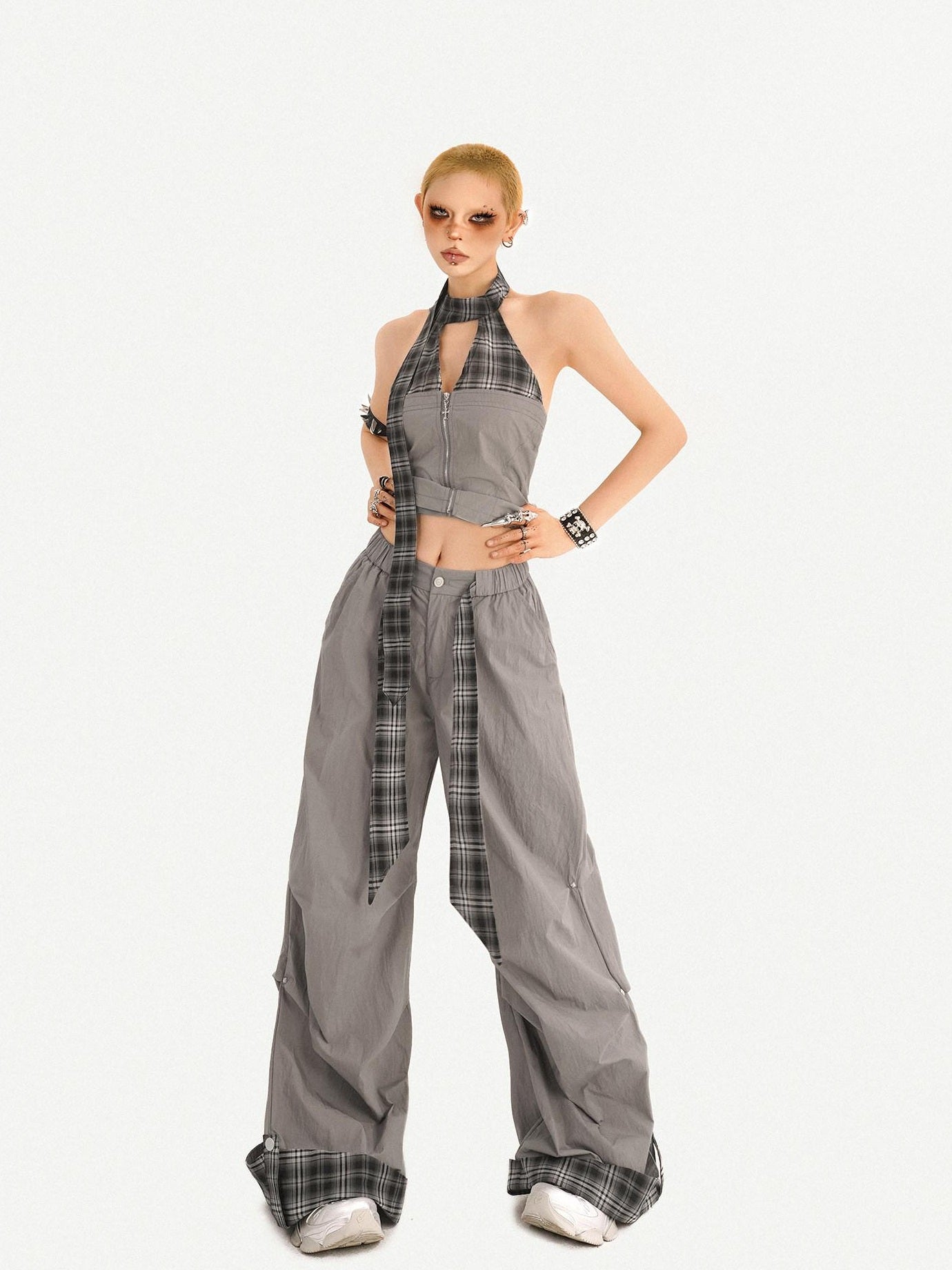 Nico Molly Chic Tie Waist Check Slim V-neck Sleeveless Long Pants Gray Top & Pants Sets