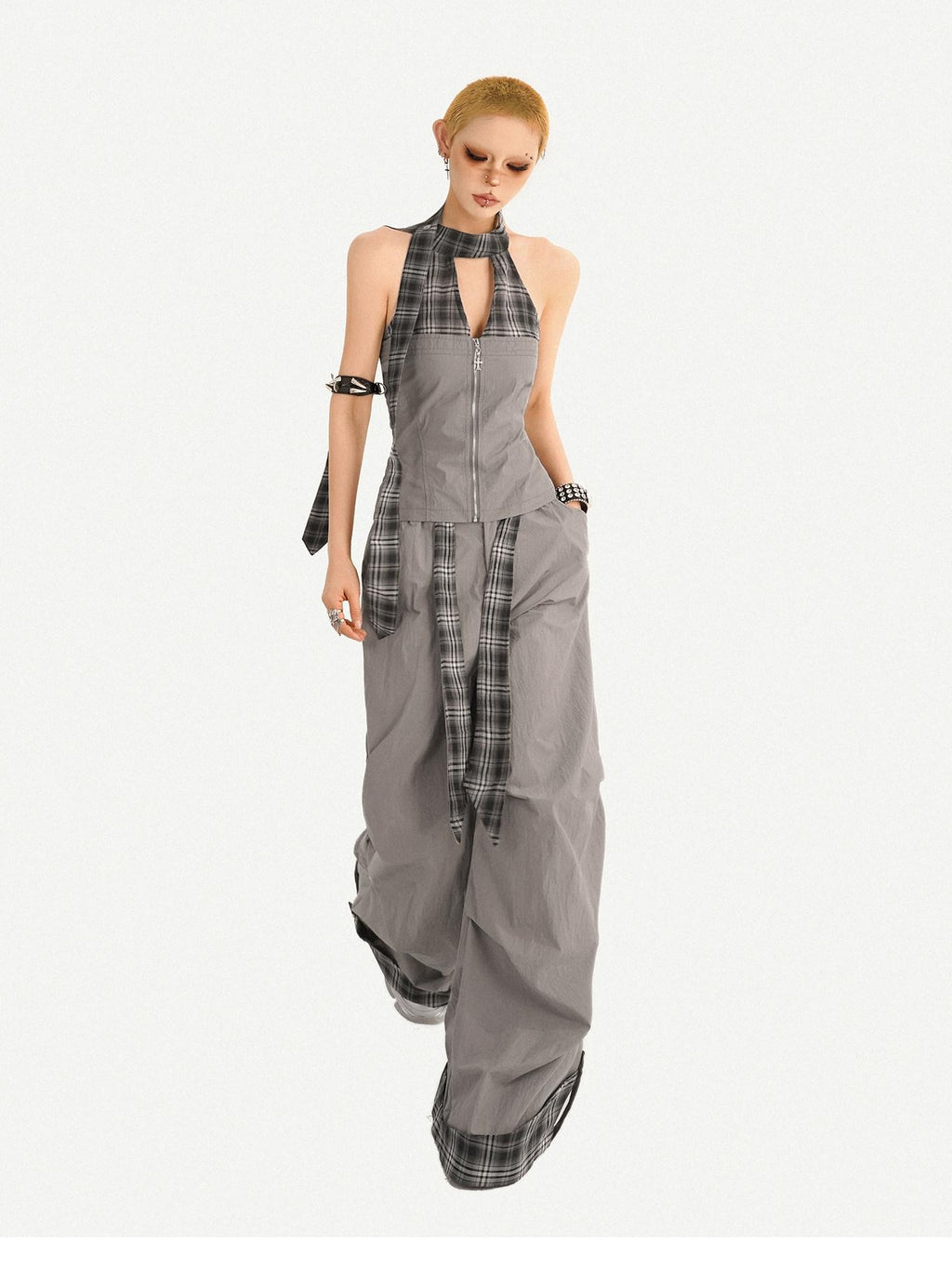 Nico Molly Chic Tie Waist Check Slim V-neck Sleeveless Long Pants Gray Top & Pants Sets