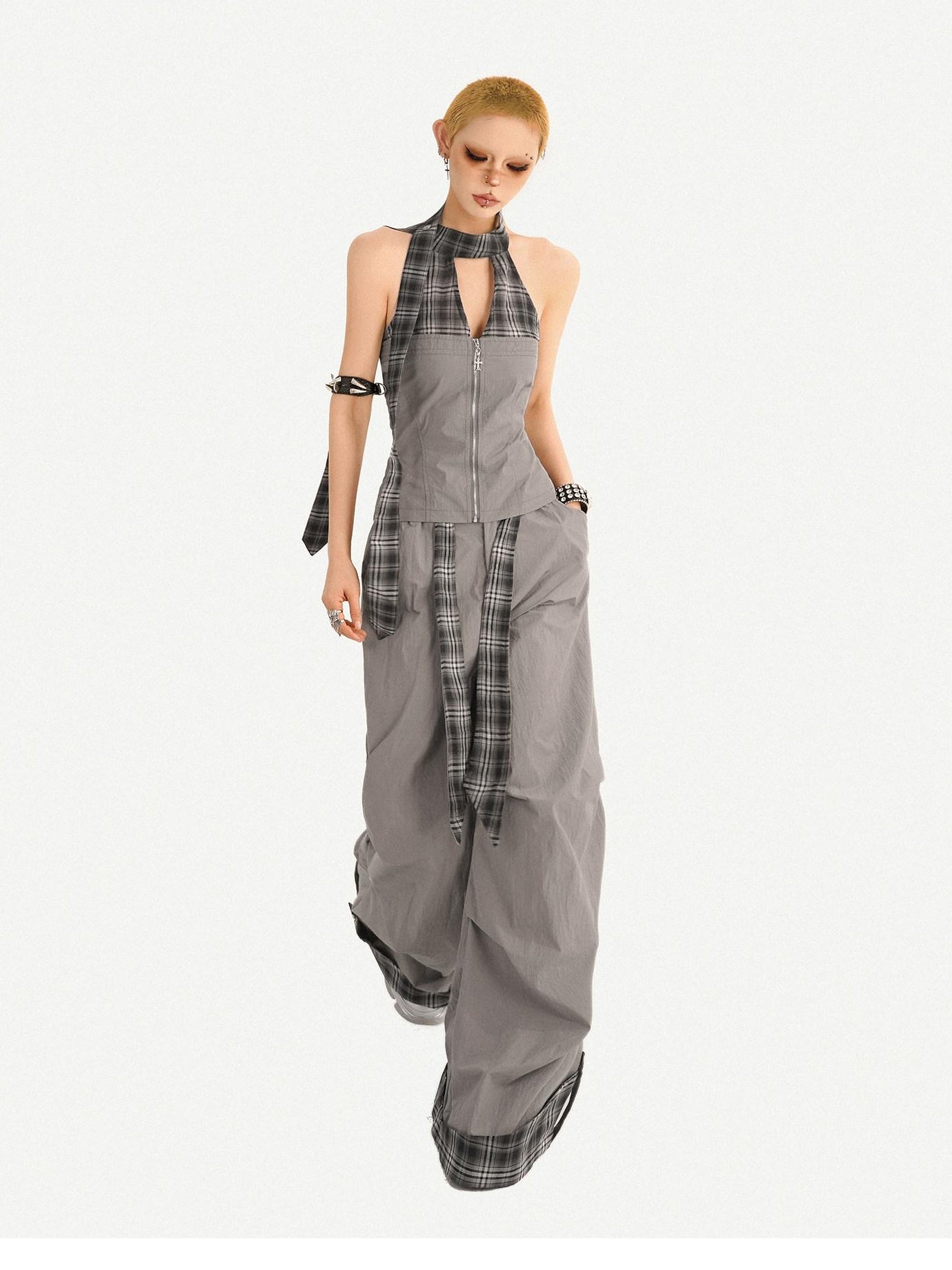 Nico Molly Chic Tie Waist Check Slim V-neck Sleeveless Long Pants Gray Top & Pants Sets