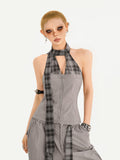 Nico Molly Chic Tie Waist Check Slim V-neck Sleeveless Long Pants Gray Top & Pants Sets
