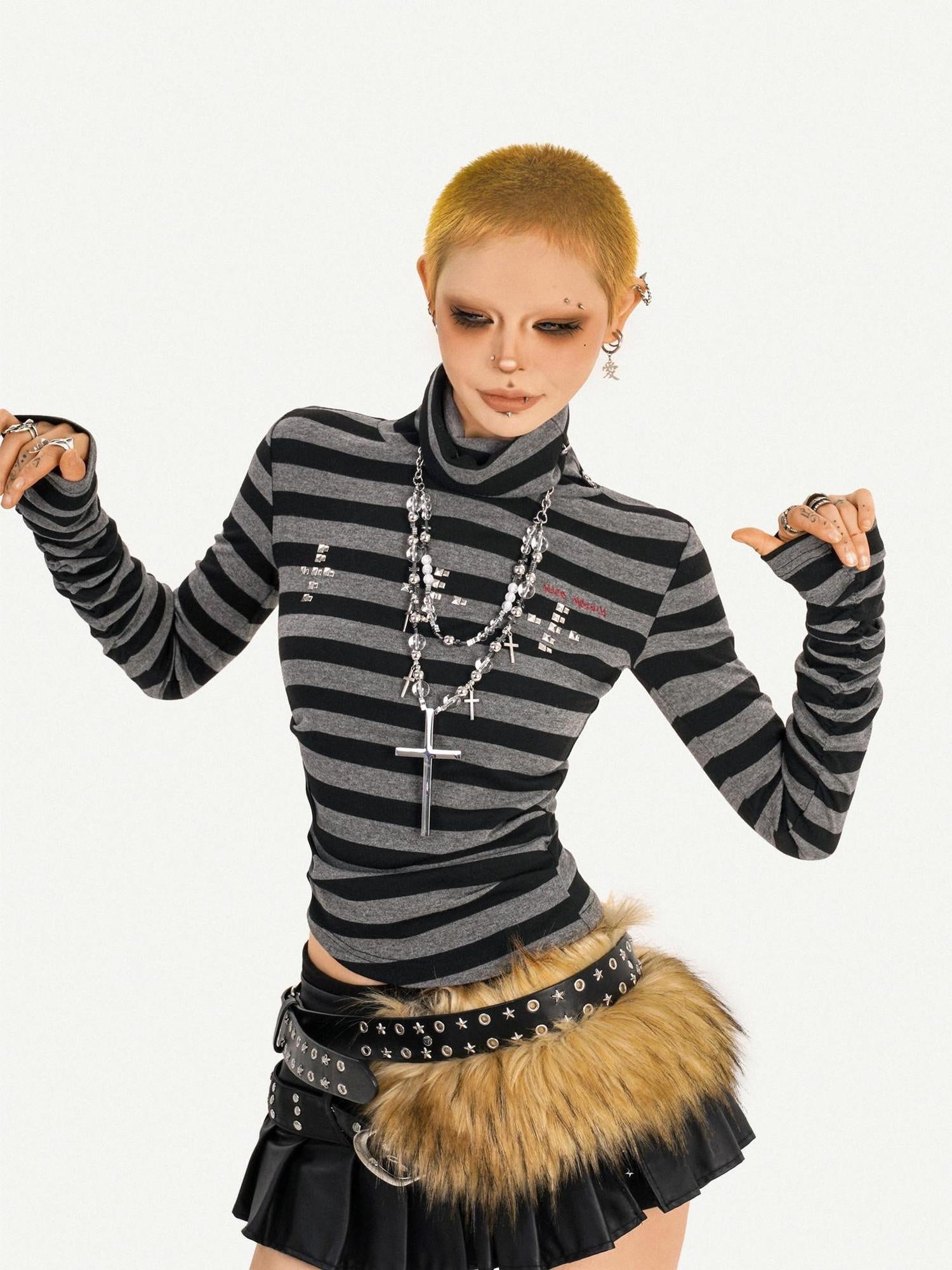 Nico Molly Colorfast American Slim Fit Mockneck Aline Striped Pullover Long Sleeve T-Shirts