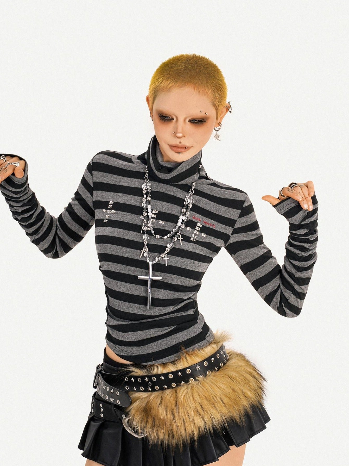 Nico Molly Colorfast American Slim Fit Mockneck Aline Striped Pullover Long Sleeve T-Shirts