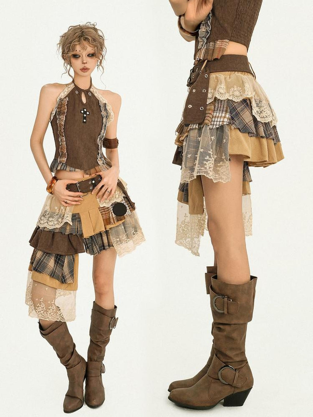 Nico Molly Cooling Sexy A Line Asymmetrical Ribbon Elastic Mid Waist Lined Brown Midi Skirts