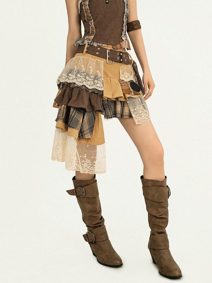 Nico Molly Cooling Sexy A Line Asymmetrical Ribbon Elastic Mid Waist Lined Brown Midi Skirts