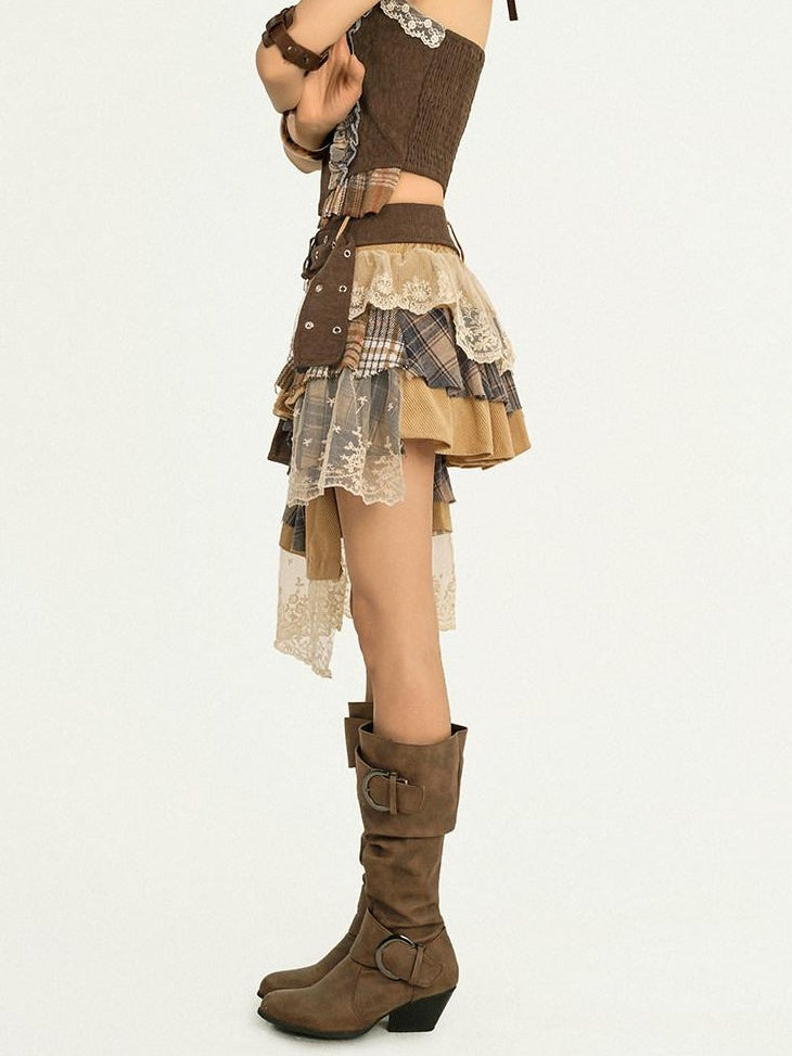 Nico Molly Cooling Sexy A Line Asymmetrical Ribbon Elastic Mid Waist Lined Brown Midi Skirts