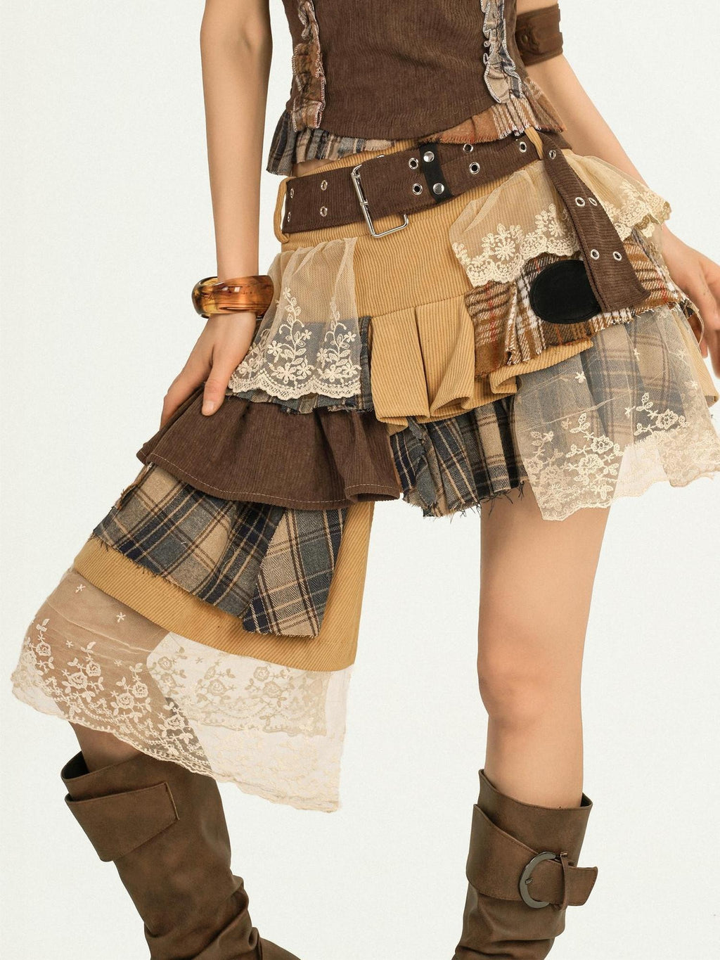 Nico Molly Cooling Sexy A Line Asymmetrical Ribbon Elastic Mid Waist Lined Brown Midi Skirts