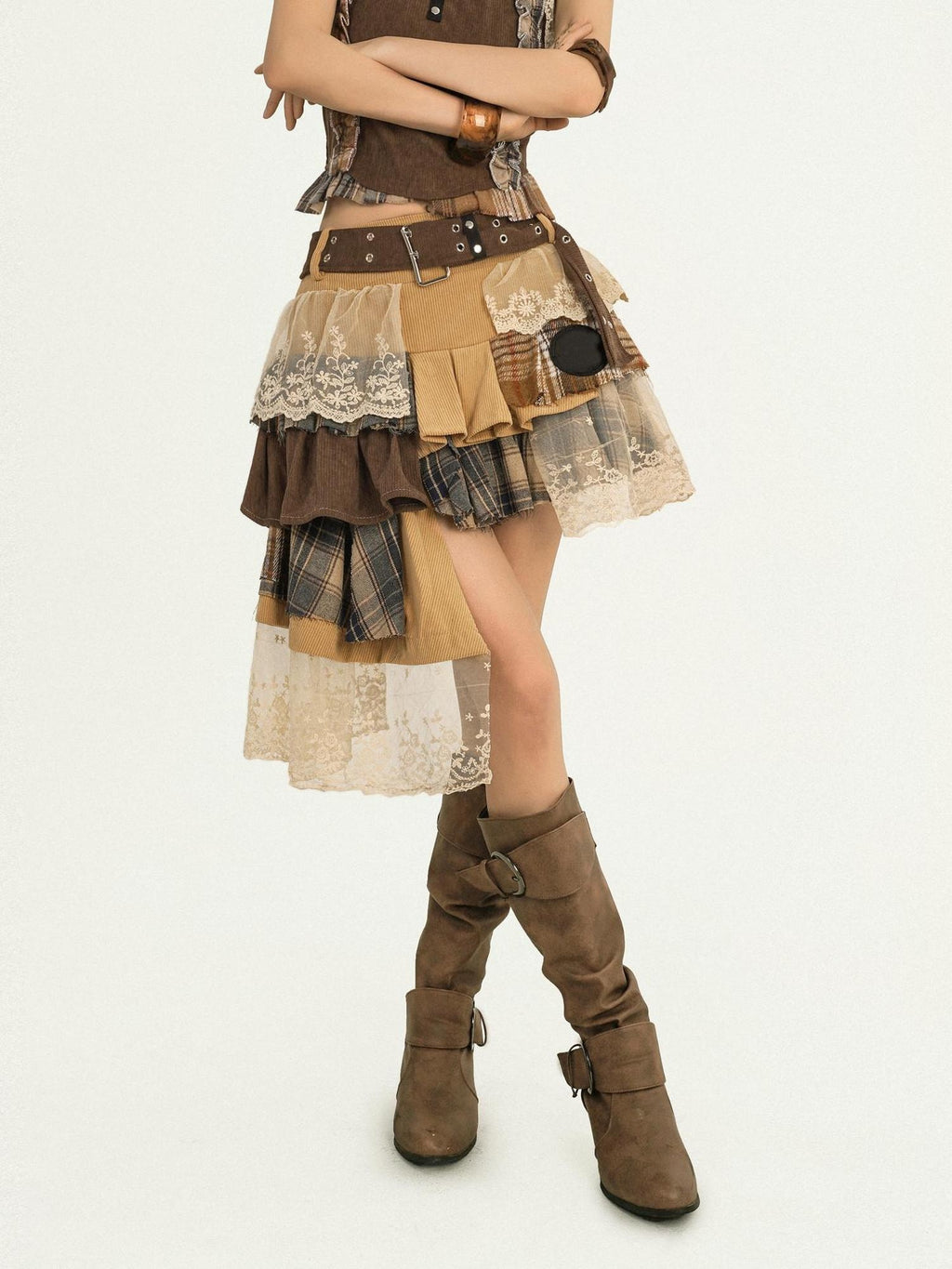 Nico Molly Cooling Sexy A Line Asymmetrical Ribbon Elastic Mid Waist Lined Brown Midi Skirts