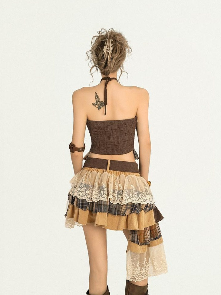 Nico Molly Cooling Sexy A Line Asymmetrical Ribbon Elastic Mid Waist Lined Brown Midi Skirts
