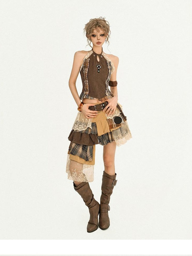 Nico Molly Cooling Sexy A Line Asymmetrical Ribbon Elastic Mid Waist Lined Brown Midi Skirts