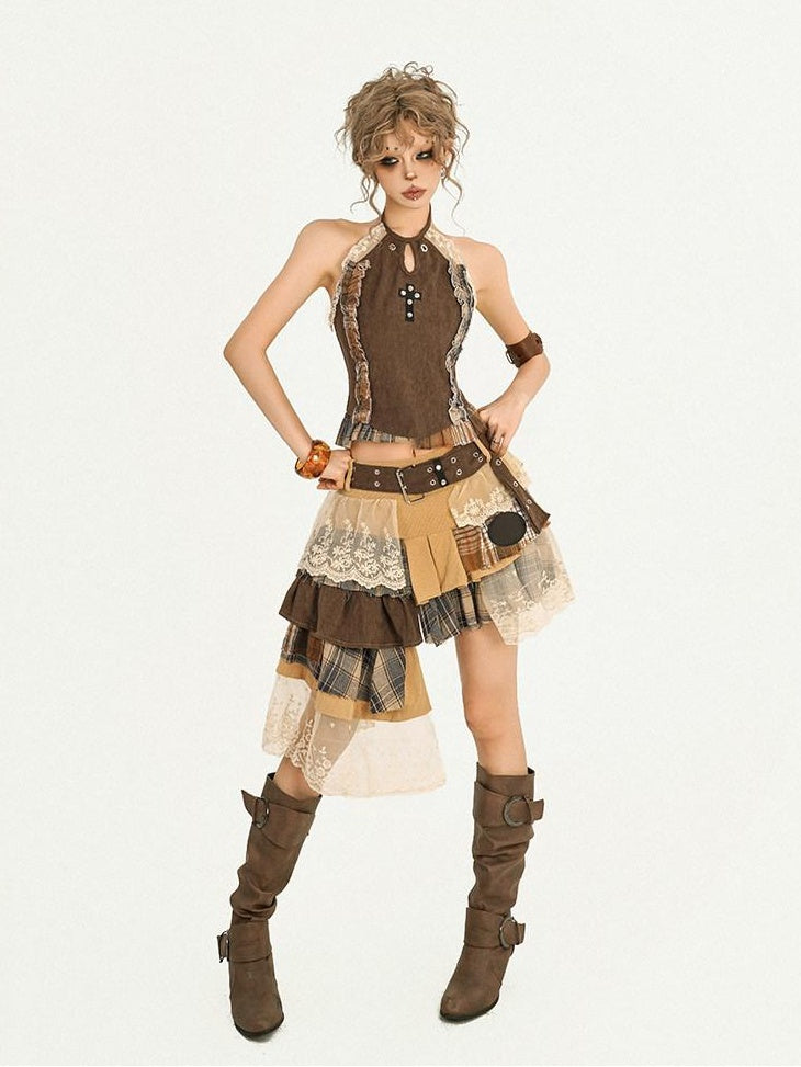 Nico Molly Cooling Sexy A Line Asymmetrical Ribbon Elastic Mid Waist Lined Brown Midi Skirts