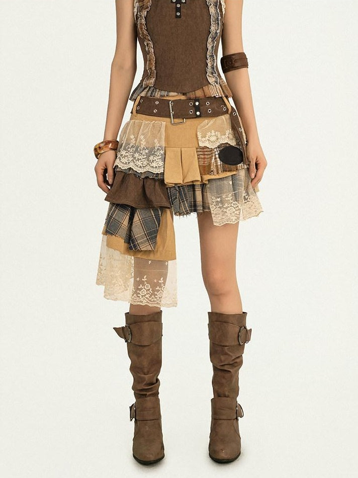 Nico Molly Cooling Sexy A Line Asymmetrical Ribbon Elastic Mid Waist Lined Brown Midi Skirts