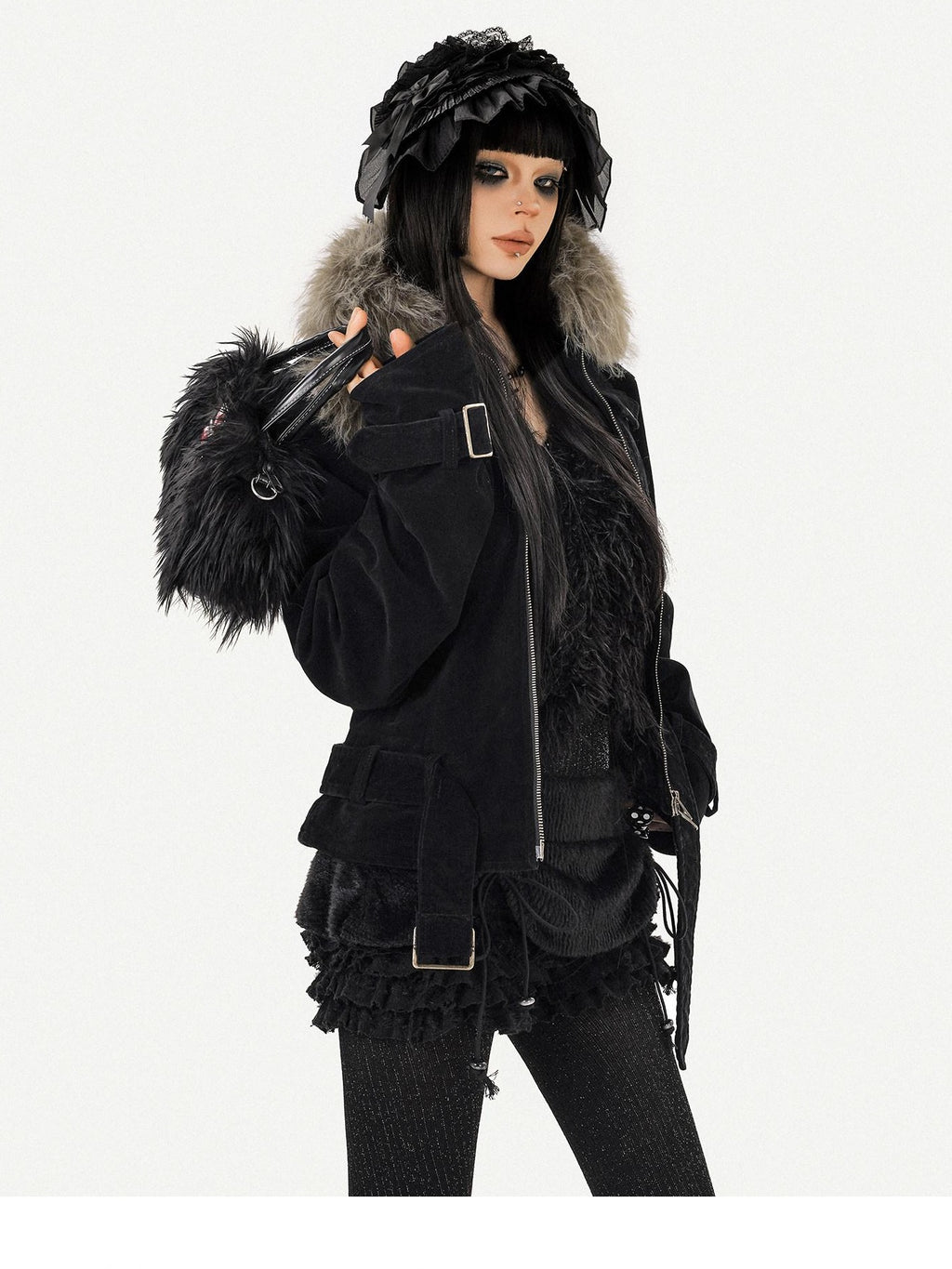 Nico Molly Cozy Fur Collar Belted Punk Style Standard Fit Black Zip Women Jackets