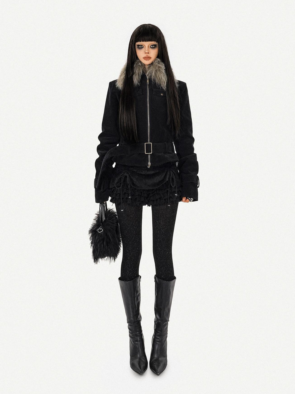 Nico Molly Cozy Fur Collar Belted Punk Style Standard Fit Black Zip Women Jackets