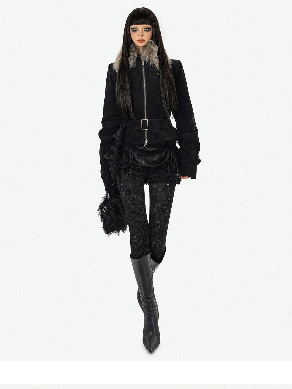 Nico Molly Cozy Fur Collar Belted Punk Style Standard Fit Black Zip Women Jackets