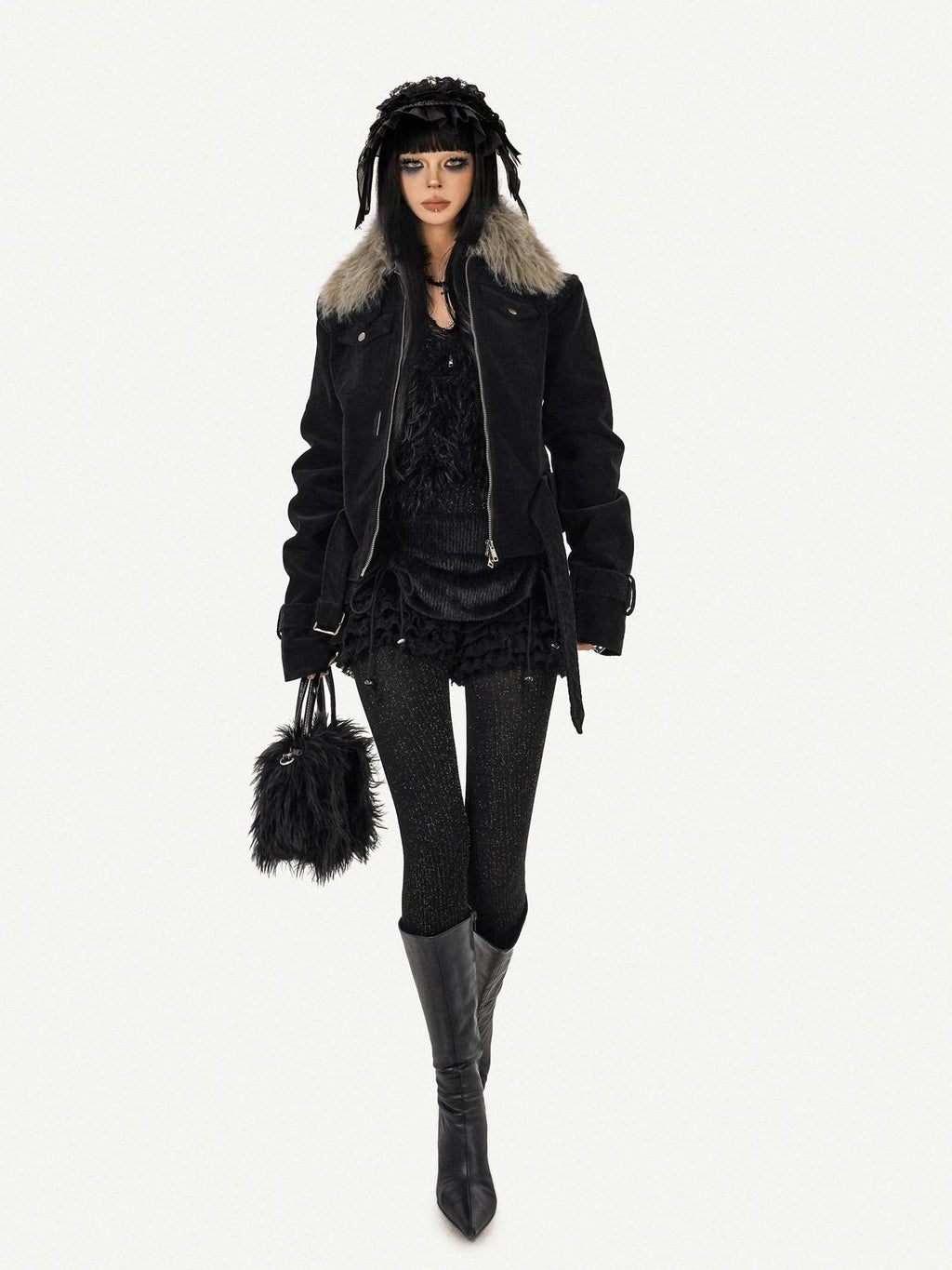 Nico Molly Cozy Fur Collar Belted Punk Style Standard Fit Black Zip Women Jackets