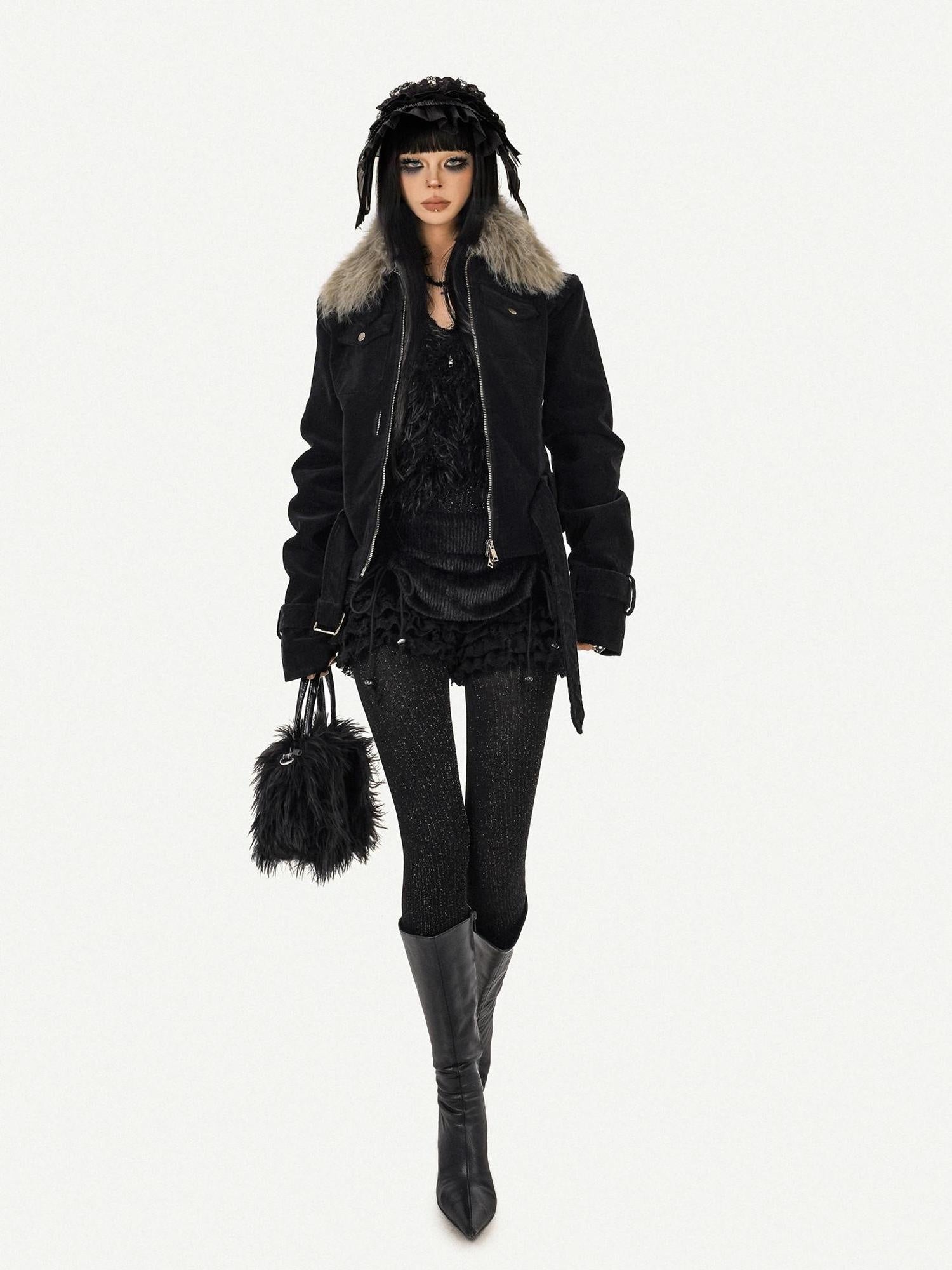 Nico Molly Cozy Fur Collar Belted Punk Style Standard Fit Black Zip Women Jackets