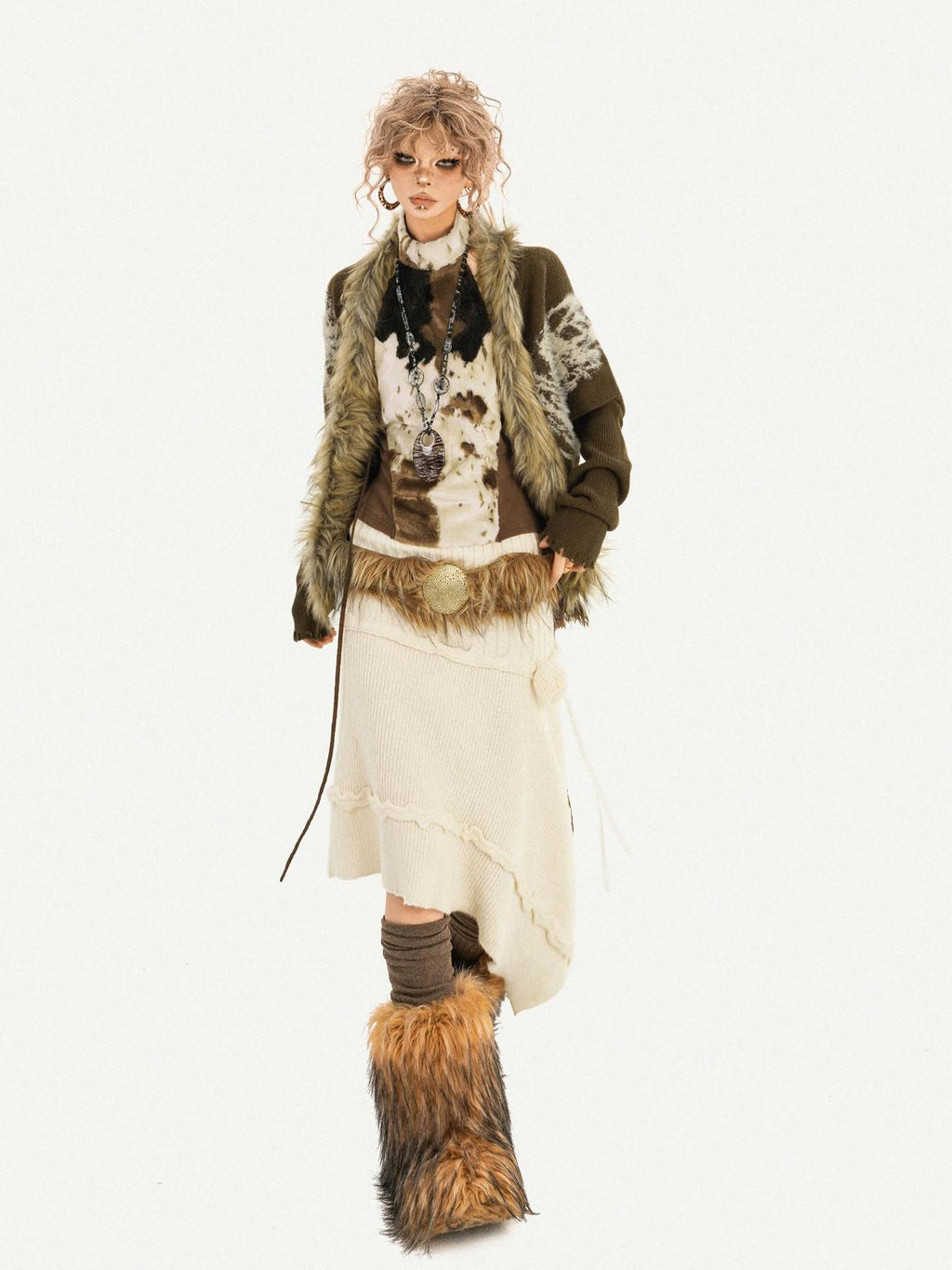Nico Molly Cozy Fur Collar Vintage Loose Fit Batwing Sleeve Women Everyday Knit Cardigans
