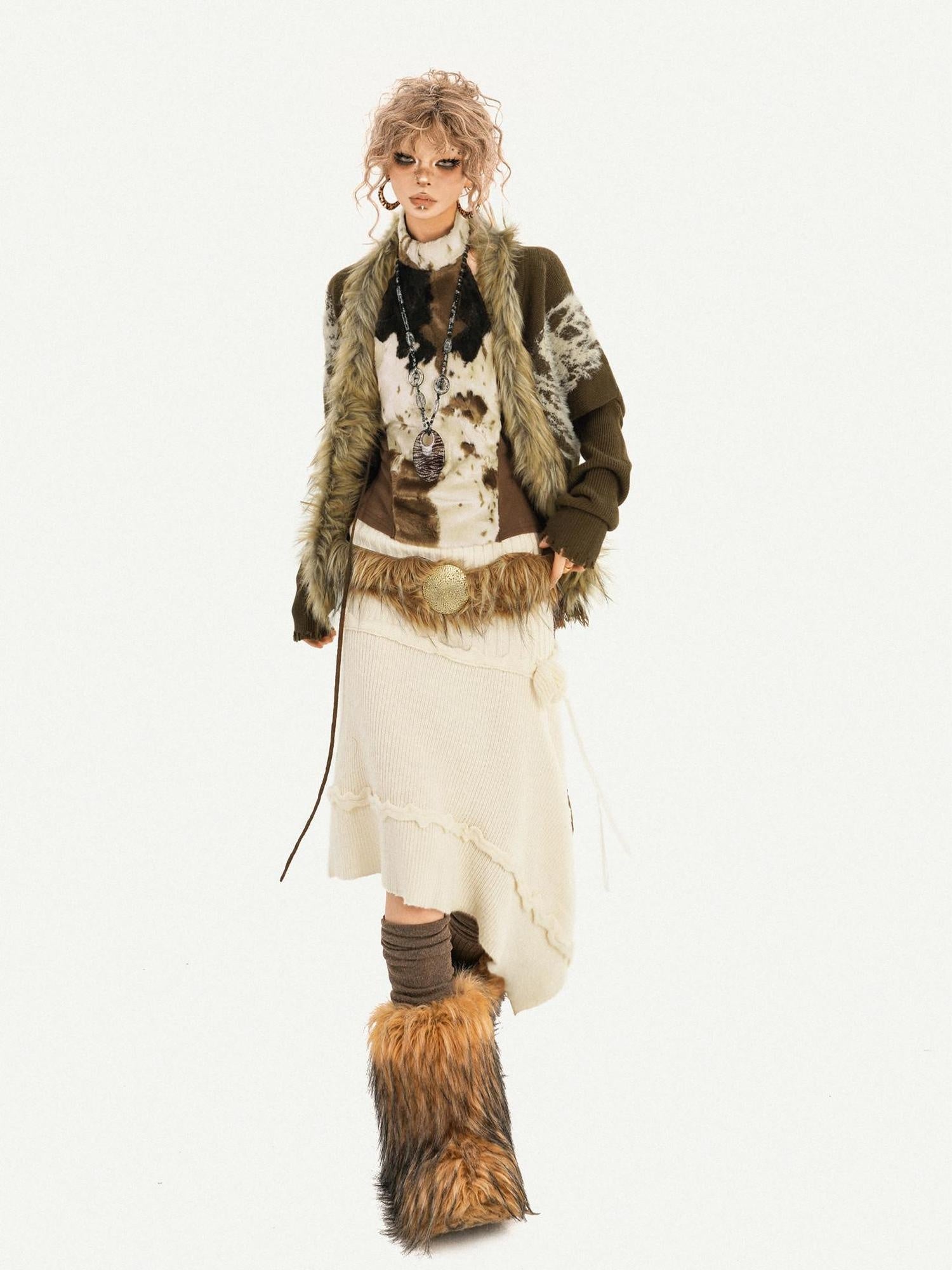 Nico Molly Cozy Fur Collar Vintage Loose Fit Batwing Sleeve Women Everyday Knit Cardigans