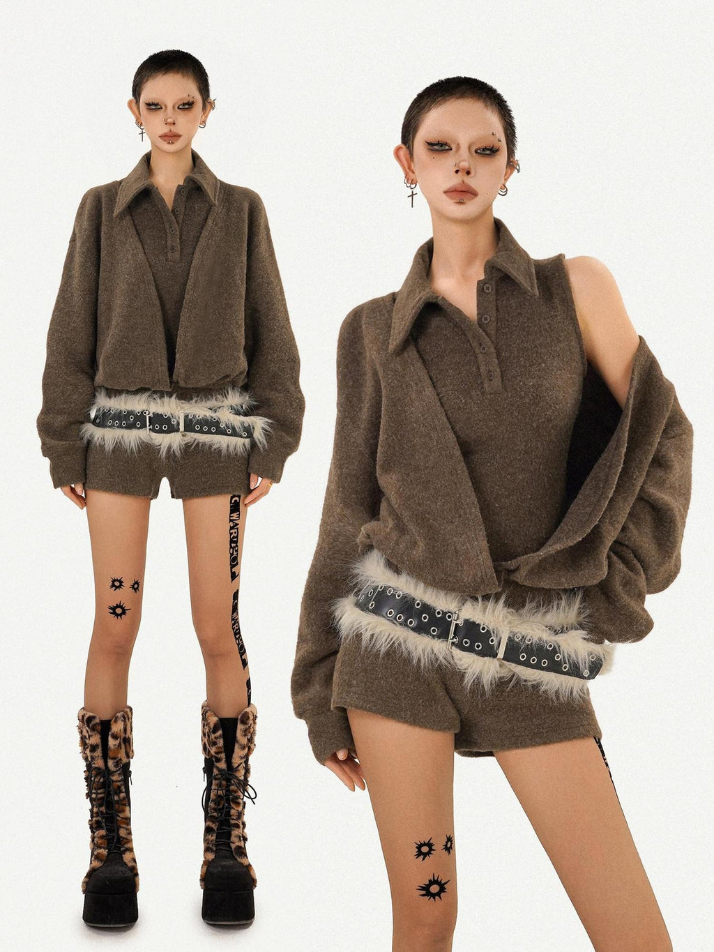 Nico Molly Cozy Vintage Knit Pullover Loose Polo Collar Mid Waist Brown Top & Shorts Sets