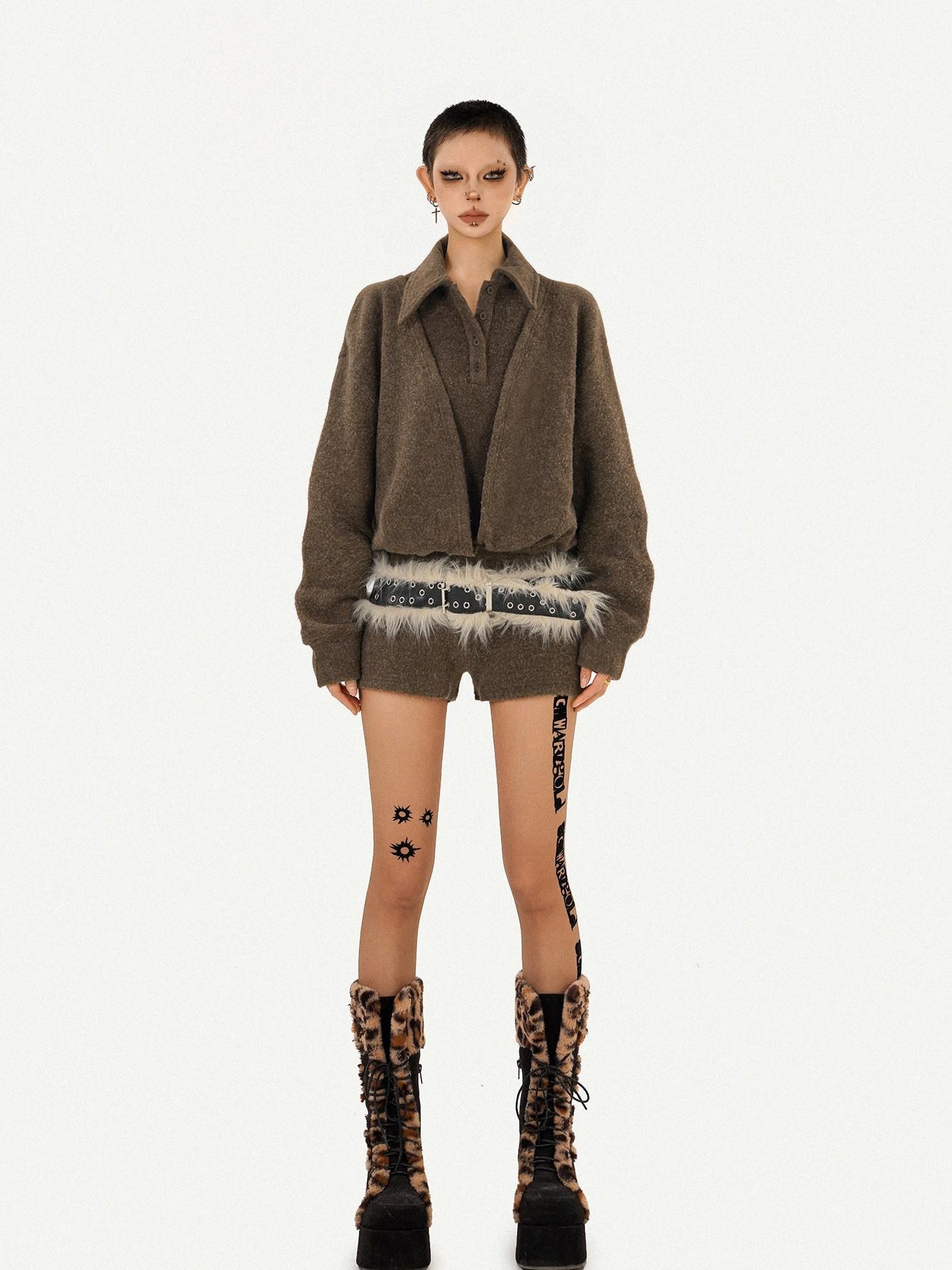 Nico Molly Cozy Vintage Knit Pullover Loose Polo Collar Mid Waist Brown Top & Shorts Sets