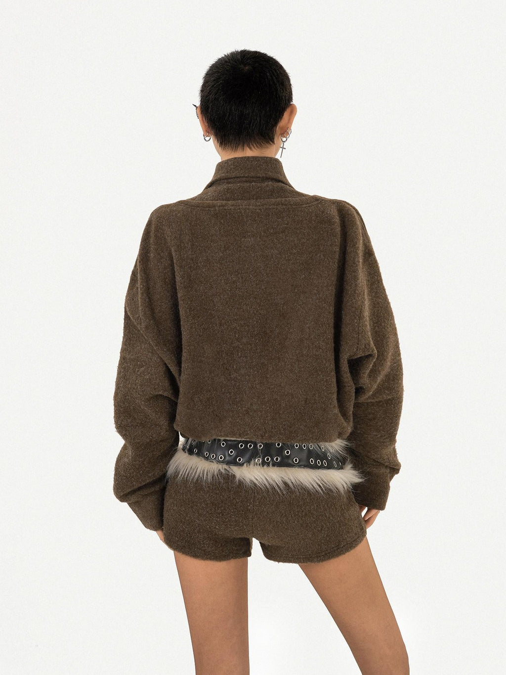 Nico Molly Cozy Vintage Knit Pullover Loose Polo Collar Mid Waist Brown Top & Shorts Sets